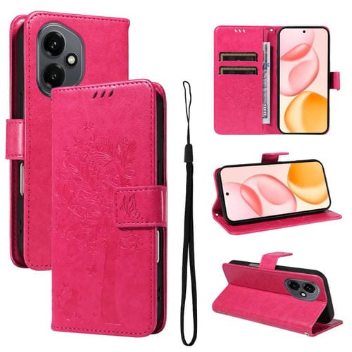 Funda de cuero con tapa para Honor 400 Global (156,5 mm), diseño de árbol y gato en relieve (rosa rojo)