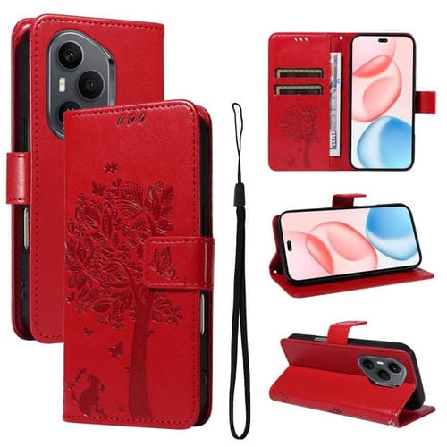 Funda de cuero con tapa para Honor 400 Pro Global (160,8 mm), diseño de árbol y gato (rojo)