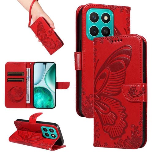 Funda de Cuero con Relieve de Mariposa para Honor X8C 4G (Rojo)