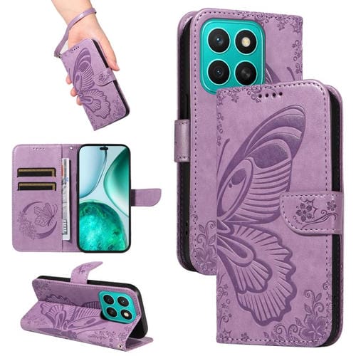 Funda de Cuero con Relieve de Mariposa para Honor X8C 4G (Morado)