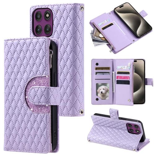 Funda de cuero tipo billetera con cremallera y diseño de celosía brillante para Motorola Edge 60 Pro (morado)