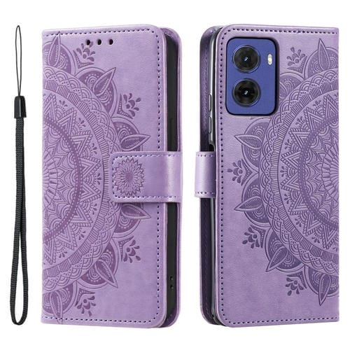 Funda de Cuero con Relieve de Flores y Tótem para Motorola Moto G05 con Cordón (Morado)