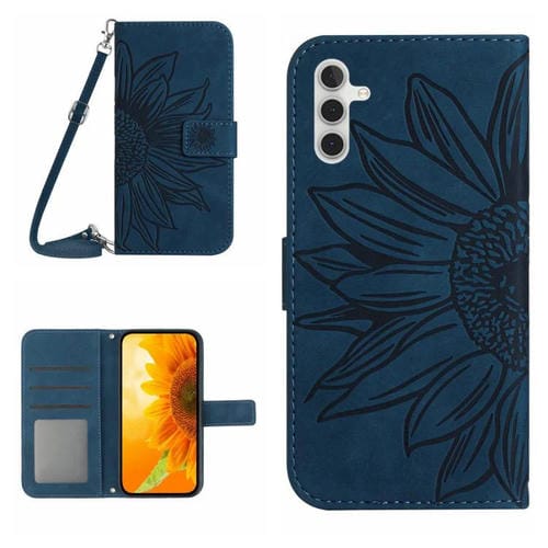 Funda de piel con tapa y cordón para Samsung Galaxy S25 FE 5G, con diseño de girasol en relieve y tacto suave (azul tinta)