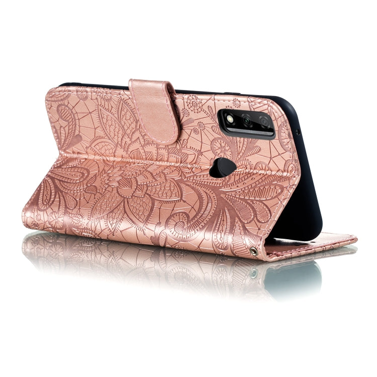 Para Huawei Honor Y8s Lace Flower Funda de cuero con tapa horizontal con soporte y ranuras para tarjetas, billetera y marco de fotos (oro rosa)