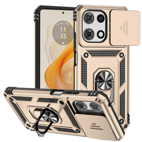 Funda para Teléfono Motorola Moto G 5G 2025 con Soporte Deslizante y Protector de Pantalla (Dorada)