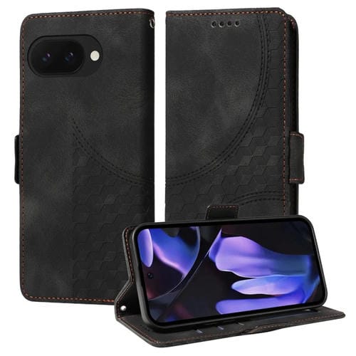 Funda de Cuero para Google Pixel 9A con Rombos en Relieve y Estrellas (Negra)