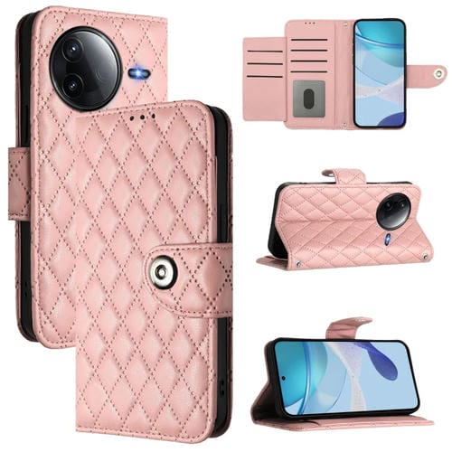 Funda de Cuero con Tapa y Textura Rómbica para Redmi K80 5G/K80 Pro 5G con Cordón (Rosa Coral)