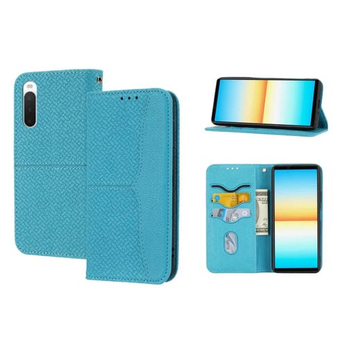 Funda de Cuero Magnética para Sony Xperia 10 Vi con Costura Textura Tejida (Azul)