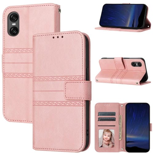 Funda de Cuero para Sony Xperia 10 Vi con Sensación de Piel y Rayas en Relieve (Rosa)