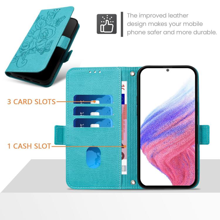 Funda de cuero antirrobo RFID con relieve rosa para Samsung Galaxy M56 5G (azul claro)