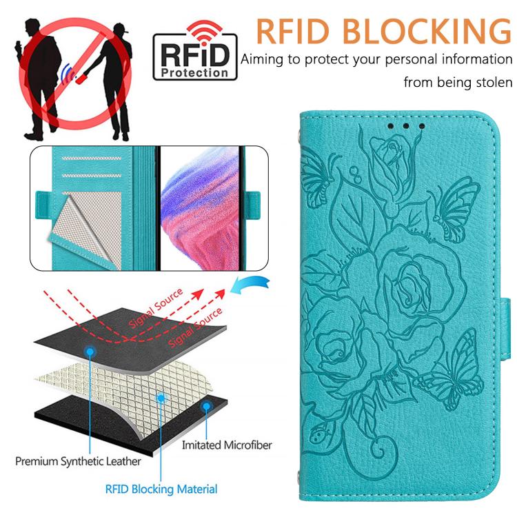 Funda de cuero antirrobo RFID con relieve rosa para Samsung Galaxy M56 5G (azul claro)
