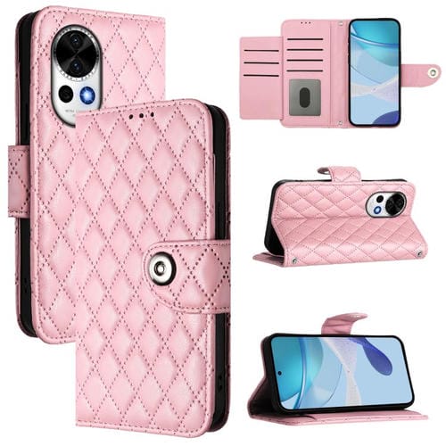 Funda de Cuero con Tapa y Textura Rómbica para Huawei Nova 13/Nova 12 con Cordón (Rosa)