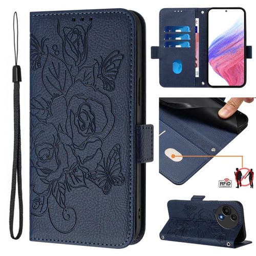 Funda de cuero antirrobo RFID con relieve rosa para TCL 605/60 SE (azul oscuro)