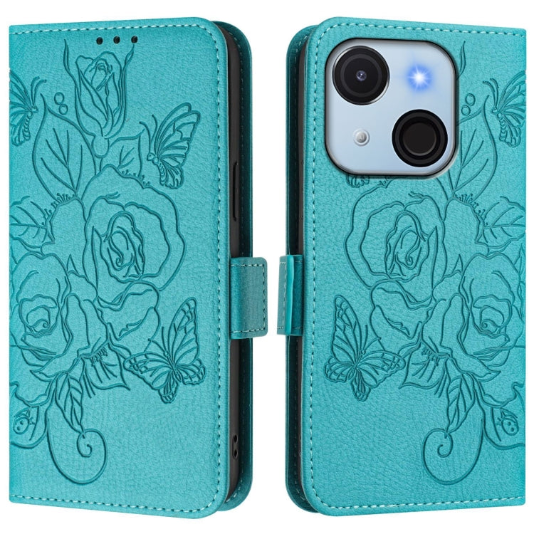 Funda de Cuero Antirrobo Rfid para Teléfono Itel A50C con Diseño de Rosa en Relieve (Azul Claro)