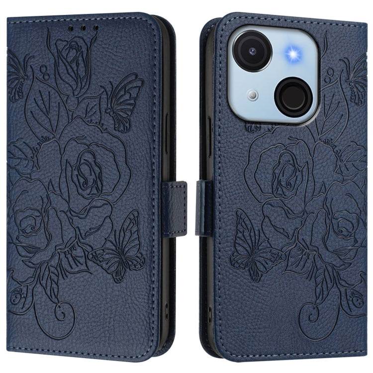 Funda de Cuero Antirrobo RFID con Relieve para Teléfono Itel A50C (Azul Oscuro)