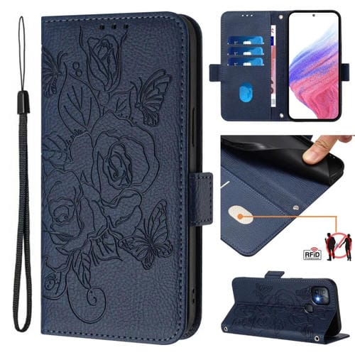 Funda de Cuero Antirrobo RFID con Relieve para Infinix Hot 10I (Azul Oscuro)