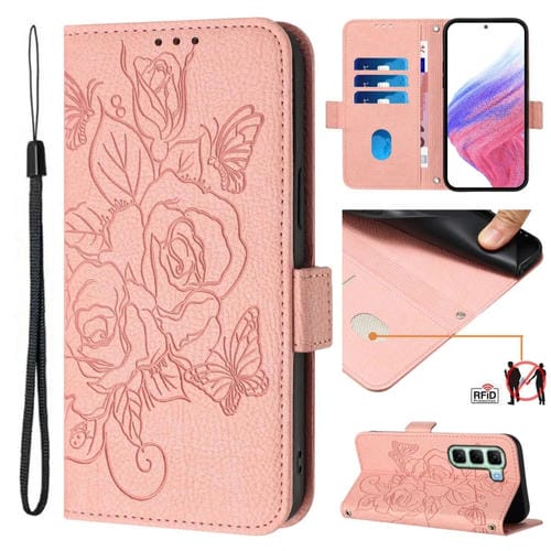 Funda de Cuero Antirrobo RFID con Relieve para Infinix Hot 50 5G (Rosa)