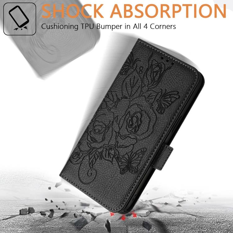 Funda de cuero antirrobo RFID con relieve rosa para Tecno Pop 10 / Infinix Smart 10 4G (negra)