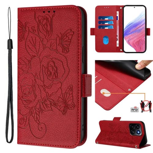 Funda de Cuero Antirrobo RFID con Relieve Rosa para Honor 200 5G (Rojo)