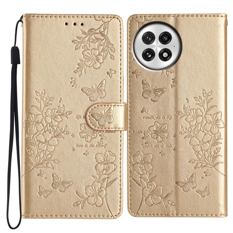 Funda de Cuero para OnePlus 13 con Mariposas y Flores (Dorada)
