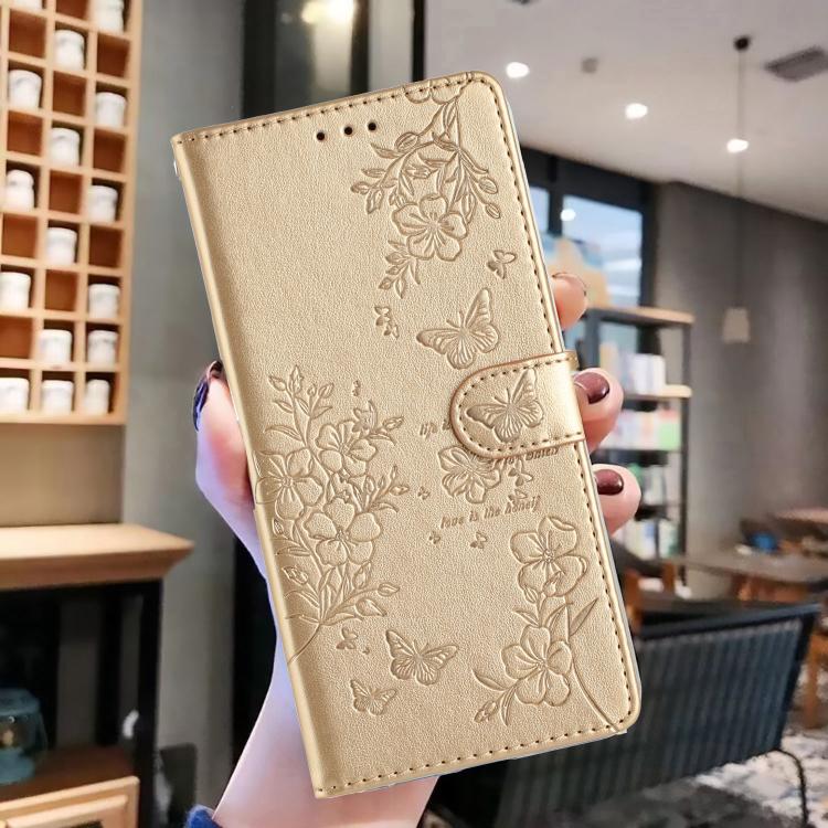 Funda de Cuero para OnePlus 13 con Mariposas y Flores (Dorada)
