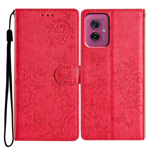 Funda de Cuero para Motorola Moto G55 con Diseño de Mariposas y Flores (Roja)