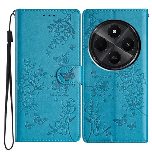 Funda de Cuero con Mariposas y Flores para Redmi A4 5G (Azul)