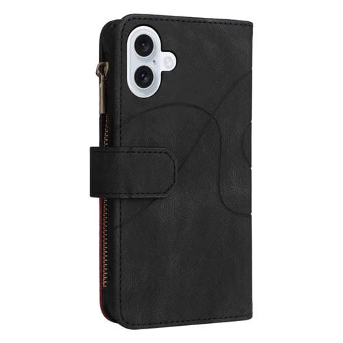 Funda de cuero con cremallera para iPhone 17, bicolor, con 9 ranuras para tarjetas (negro)