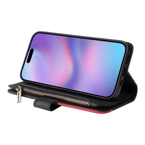 Funda de cuero con cremallera para iPhone 17, bicolor, con 9 ranuras para tarjetas (negro)