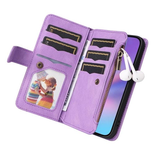 Funda de cuero con cremallera para iPhone 17, bicolor, con 9 ranuras para tarjetas (morado)