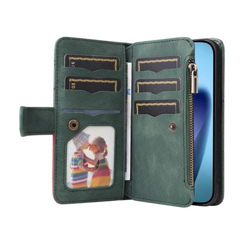 Funda de cuero con cremallera para iPhone 17 Air, bicolor, con 9 ranuras para tarjetas (verde)