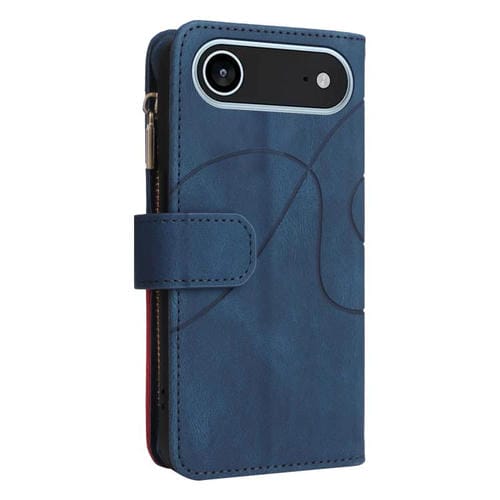 Funda de cuero con cremallera para iPhone 17 Air, bicolor, con 9 ranuras para tarjetas (azul)