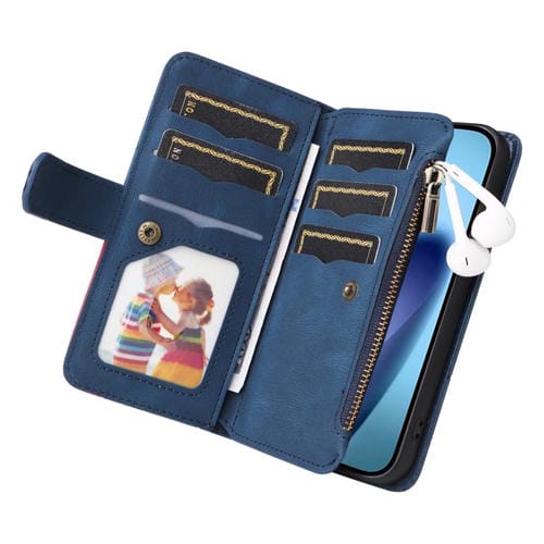 Funda de cuero con cremallera para iPhone 17 Air, bicolor, con 9 ranuras para tarjetas (azul)