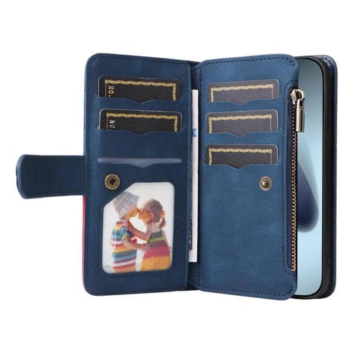 Funda de cuero con cremallera para iPhone 17 Pro, bicolor, con 9 ranuras para tarjetas (azul)