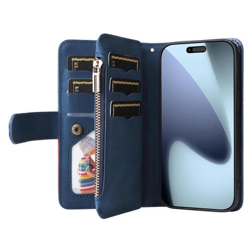 Funda de cuero con cremallera para iPhone 17 Pro, bicolor, con 9 ranuras para tarjetas (azul)