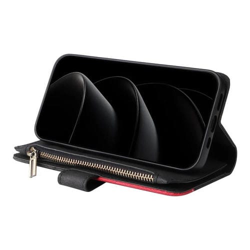 Funda de cuero con cremallera para iPhone 17 Pro Max, bicolor, con 9 ranuras para tarjetas (negro)