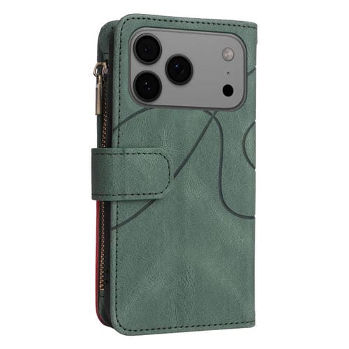 Funda de cuero con cremallera para iPhone 17 Pro Max, bicolor, con 9 ranuras para tarjetas (verde)