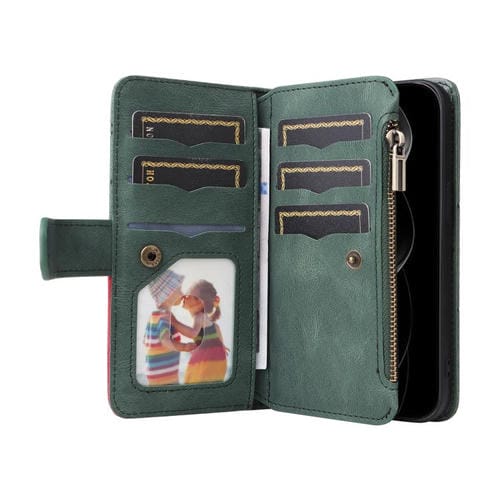Funda de cuero con cremallera para iPhone 17 Pro Max, bicolor, con 9 ranuras para tarjetas (verde)
