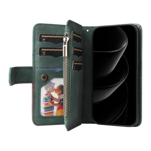 Funda de cuero con cremallera para iPhone 17 Pro Max, bicolor, con 9 ranuras para tarjetas (verde)