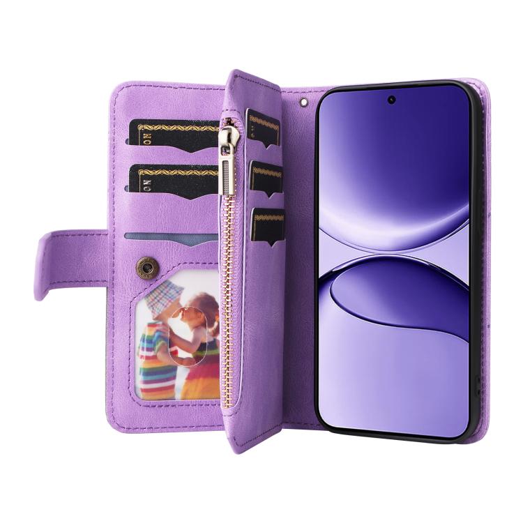 Funda de cuero con cremallera para Xiaomi Poco F7, color morado, con 9 ranuras para tarjetas