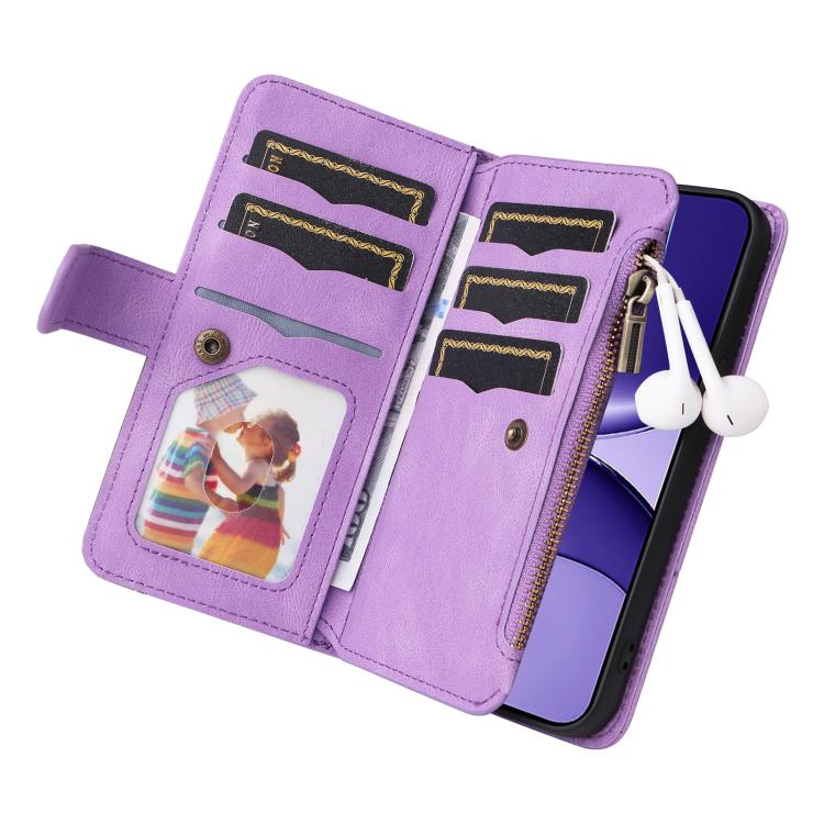 Funda de cuero con cremallera para Xiaomi Poco F7, color morado, con 9 ranuras para tarjetas