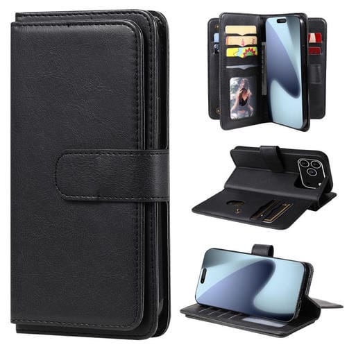 Funda de cuero multifunción tipo billetera con 10 ranuras para tarjetas para iPhone 17 Pro (negra)
