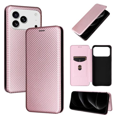 Funda de cuero con textura de fibra de carbono para iPhone 17 Pro Max (rosa)
