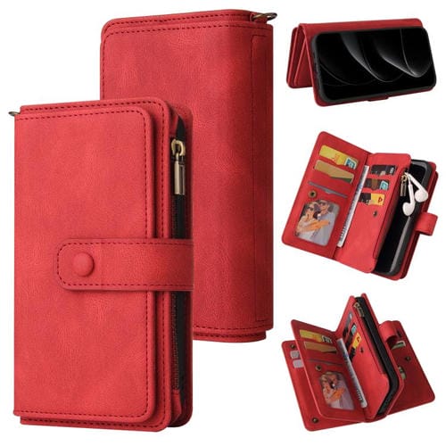 Funda de cuero con cremallera y ranuras para tarjetas para iPhone 17 Pro Max (roja)