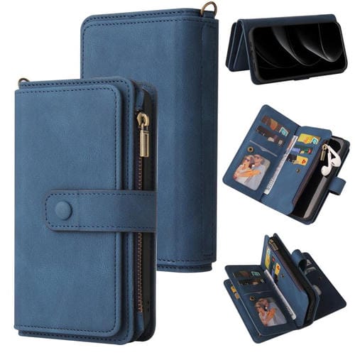 Funda de cuero con cremallera y ranuras para tarjetas para iPhone 17 Pro Max (azul)