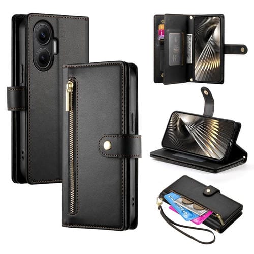 Funda de cuero con cremallera y ranura para tarjetas para Redmi Turbo 4 Pro y Xiaomi Poco F7 (negra)