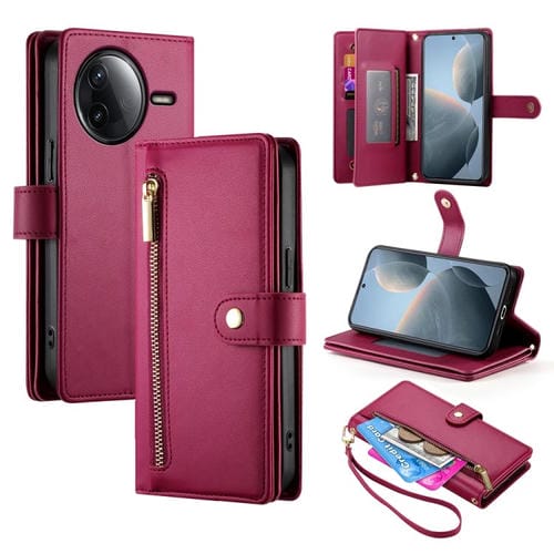 Funda de cuero con cremallera y ranura para tarjetas para Redmi K80/K80 Pro (rojo)