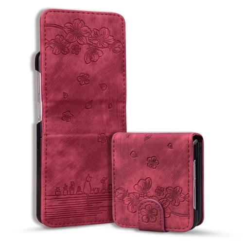Funda Cuero con Relieve Gato Sakura para Samsung Galaxy Z Flip5 (Rojo Vino)