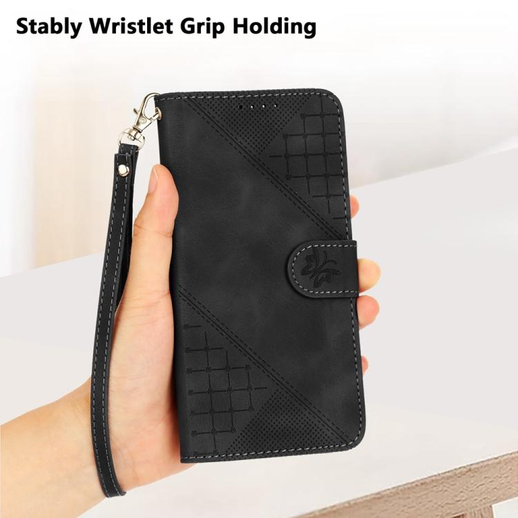Funda de Cuero para Infinix Hot 50 Pro 4G con Diseño Mariposa en Relieve y Cordón (Negro)