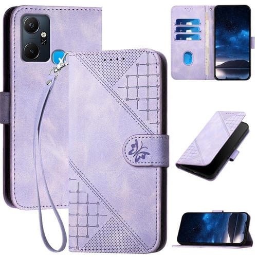 Funda de Cuero para Infinix Smart 6 Plus con Diseño de Mariposa en Relieve y Cuadrícula (Morado Claro)